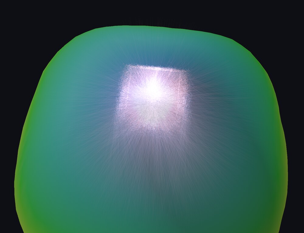A rendered far-field solid, coloured green to blue, with the bright rectangular emitting surface of the LED die visible inside it.