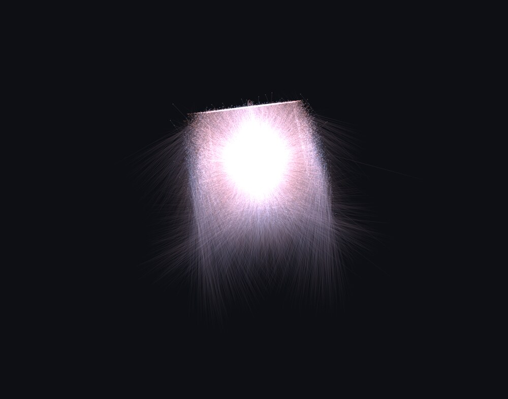 The same emitter drawn as rays only, a dense cloud of fine lines spreading outward and downward from a small rectangular source.